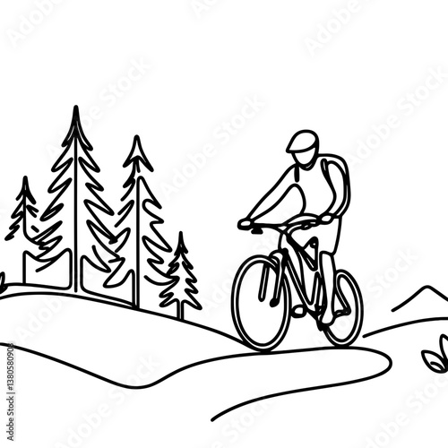 Cyclist riding mountain bike through forest landscape  