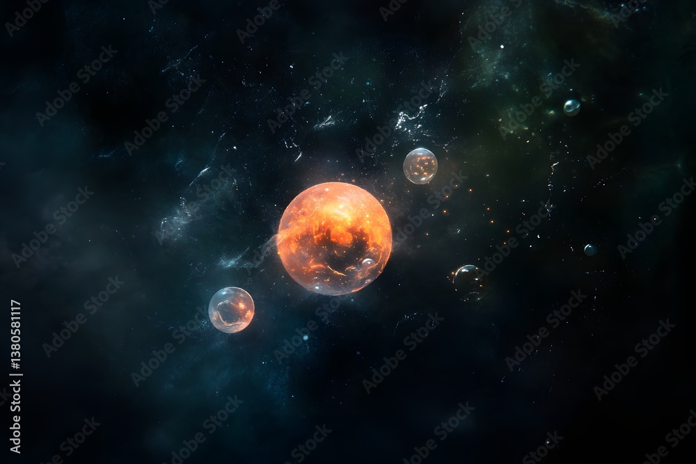 A cosmic view of planets and bubbles floating in a dark space with nebulae and stars in the background A cosmic view of planets and bubbles floating in a dark space with nebulae and stars in the background
