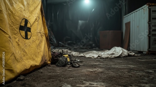 Abandoned industrial space with eerie lighting, yellow hazard te