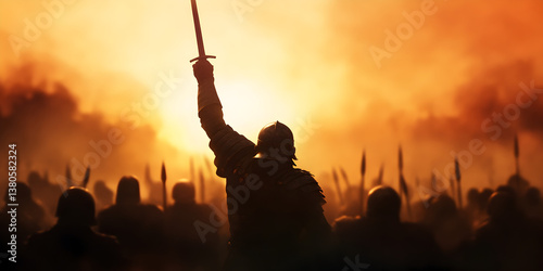 A Roman general raising his sword in victory as his army marches into the city after a successful campaign.

