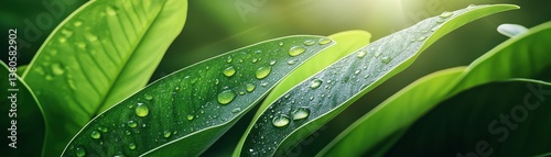 Lush Green Leaves with Dew Drops Reflecting Nature s Tranquil Beauty