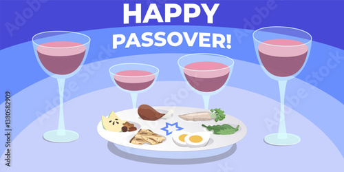 Passover Banner with 4 wine glasses and seder pesach plate with symbolic holiday food: eggs, matzah, meat, parsley, bitter herbs, horseradish, apples and nuts. Blue and white colors as israeli flag.