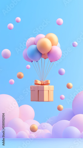 Colorful balloons hold up exquisite gift boxes
