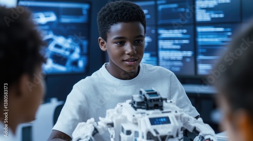 Young boy showcases robotic creation, surrounded by engaged peer