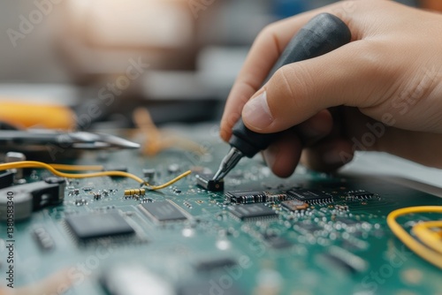 Hand working on electronic circuit board with precision tools an