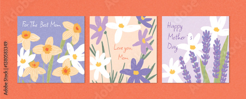 Set of three Mother's Day cards with lavender, daffodils and crocuses. Hand drawn spring flowers on colored background. Floral greeting templates for holiday celebration, cover, postcard, decoration.