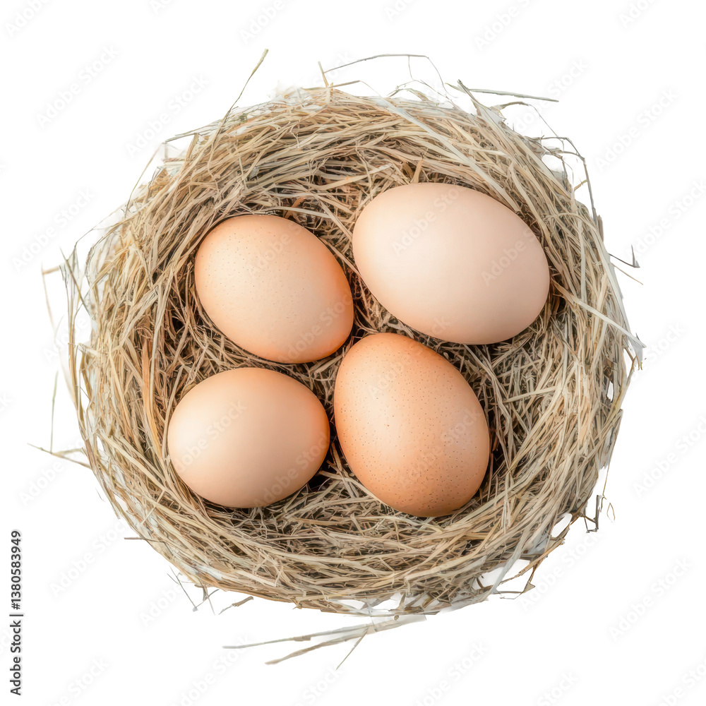 Simple Nest and Eggs: A close-up, overhead shot of a rustic nest with four fresh, brown eggs nestled inside, symbolizing new life and the start of something special.