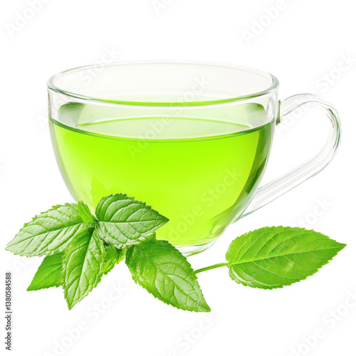 Aromatic Refreshment: A transparent glass teacup, filled with vibrant green tea, is artfully paired with fresh green leaves, creating a visual symphony of refreshment and health.