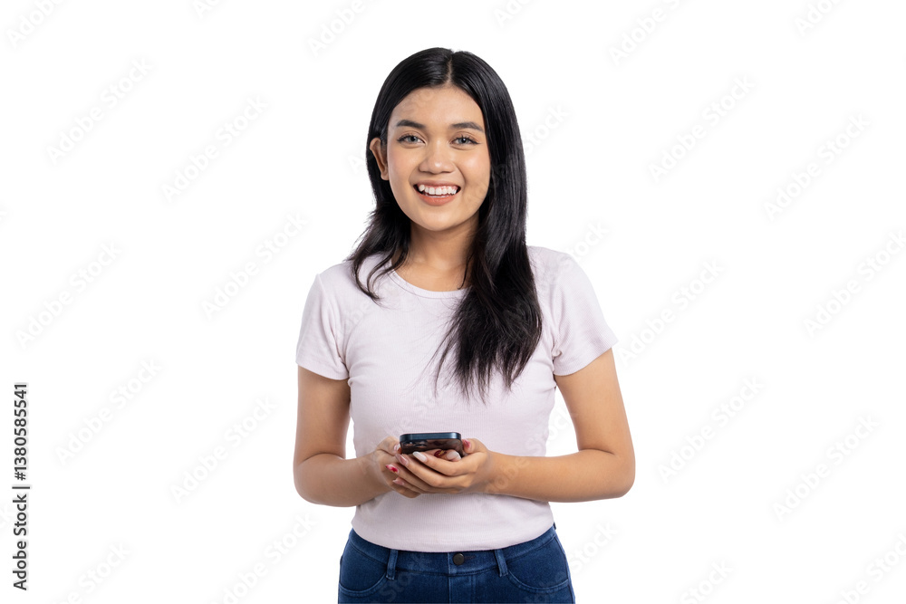 Smiling young Asian woman holding smartphone, posing happily and looking at camera, isolated on transparent background Smiling young Asian woman holding smartphone, posing happily and looking at camera, isolated on transparent background