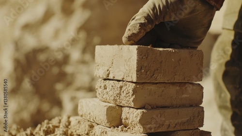 A construction worker stacking bricks for a wall. Featuring organization and strength