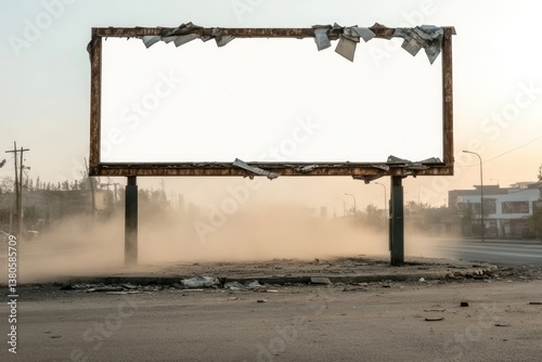 Weathered billboard stands empty amidst dust and debris, evoking