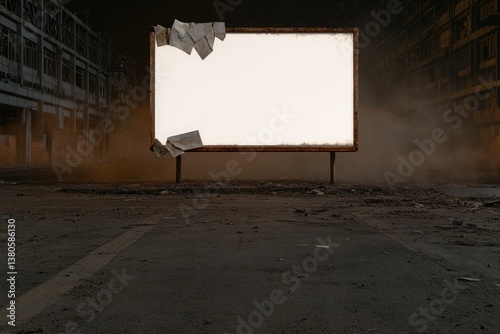 Empty billboard stands in abandoned space, surrounded by dust an