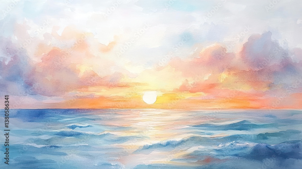 Obraz premium Serene Sunset Over the Ocean: A Watercolor Painting