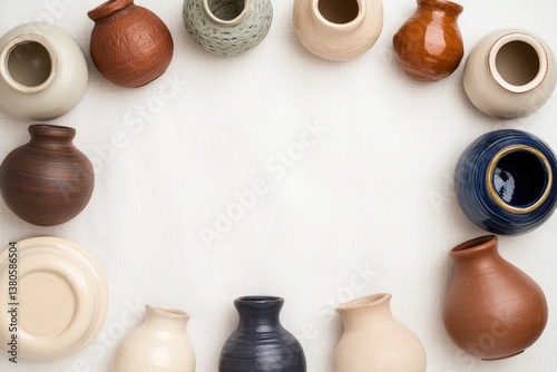 Crafted pottery arranged in circular formation showcases diverse