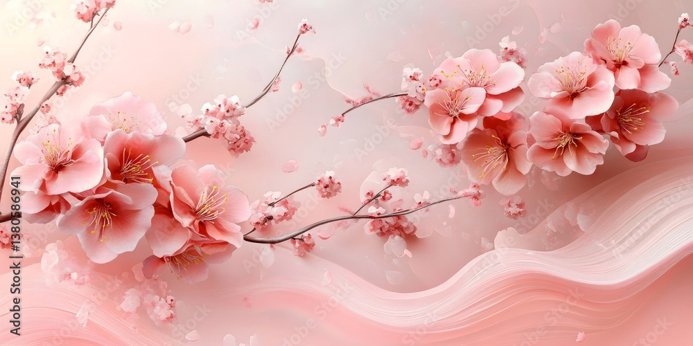 Fototapeta premium A delicate arrangement of pink cherry blossoms on branches against a soft pink and white background