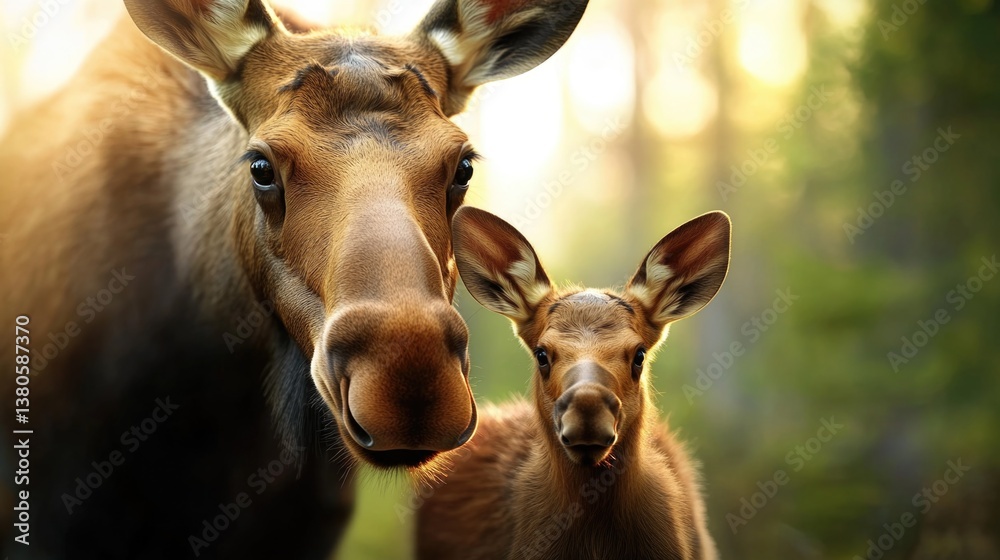 Fototapeta premium Moose and calf in sunlit forest. Mother's Day, Mothering Sunday, Dia de la Madre - Global Maternal Celebration, Worldwide Family Holiday