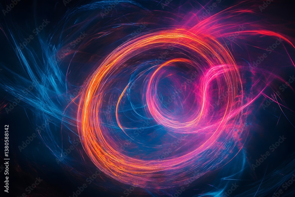 Abstract swirling light trails in pink orange and blue against a dark background creating a vortex effect Abstract swirling light trails in pink orange and blue against a dark background creating a vortex effect