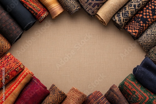 Colorful fabrics arranged in circular pattern showcase intricate