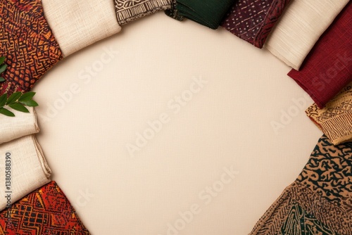 Colorful textiles arranged harmoniously, showcasing intricate pa