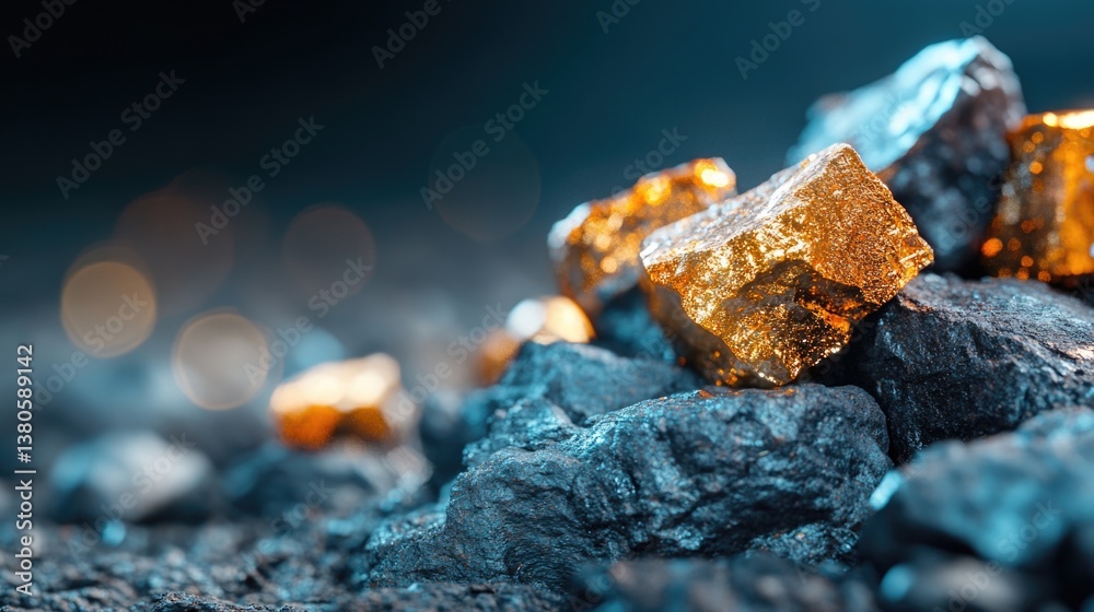 Fototapeta premium Close-up of sparkling gold nuggets on rough dark stones