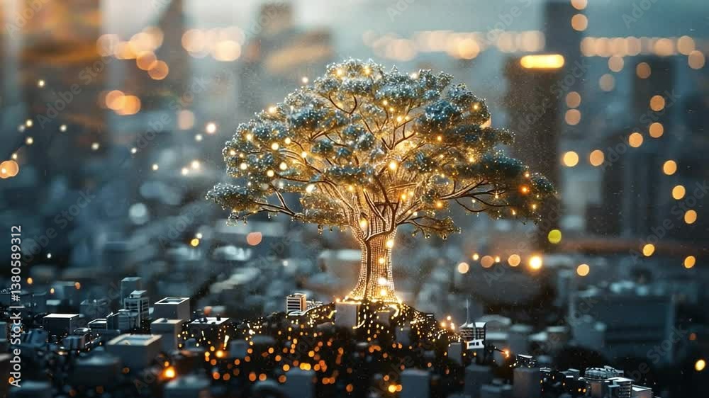 Eco-City Fusion: A symbolic tree, illuminated with glowing lights, stands as a beacon of growth and harmony against a backdrop of a modern city skyline. It paints a vivid picture of progress.