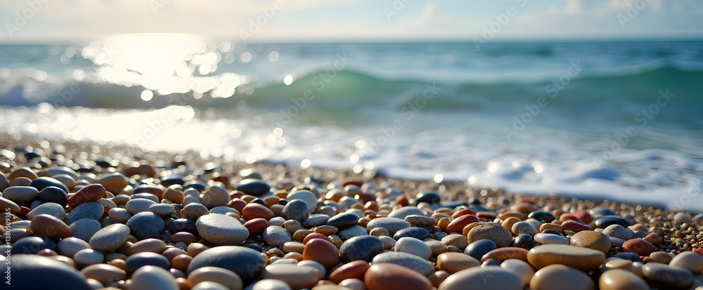 A serene beach scene featuring smooth pebbles and gentle ocean waves under a clear sky.