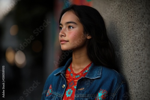 Thoughtful young girl stands against textured wall, capturing se