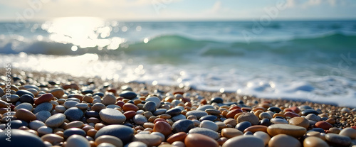 Obraz na płótnie A serene beach scene featuring smooth pebbles and gentle ocean waves under a clear sky. w salonie