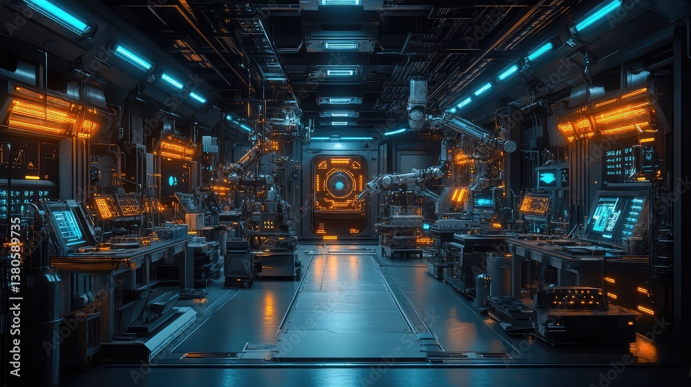 Fototapeta premium A futuristic laboratory with glowing blue lights, high-tech equipment, and robotic arms performing experiments