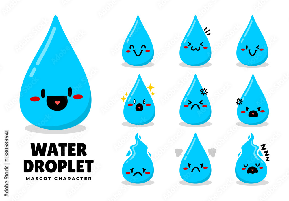 water droplet cute mascot collection. flat illustration set of water drop cute mascot.