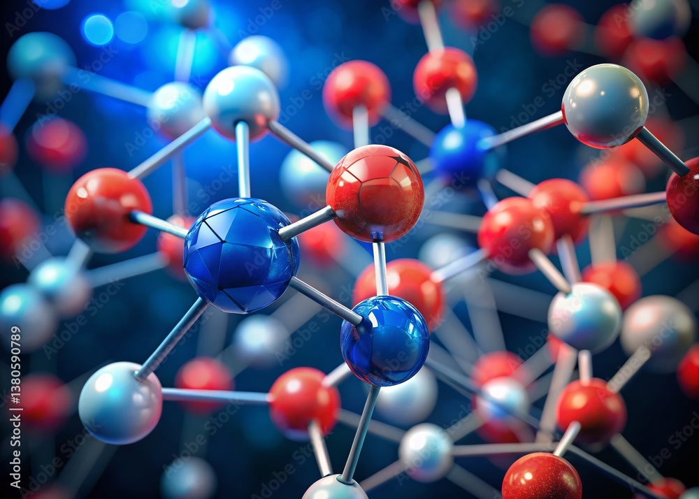 Obraz premium Stunning 3D Molecular Structure: Red & White Spheres, Blue Bonds, Bokeh Background