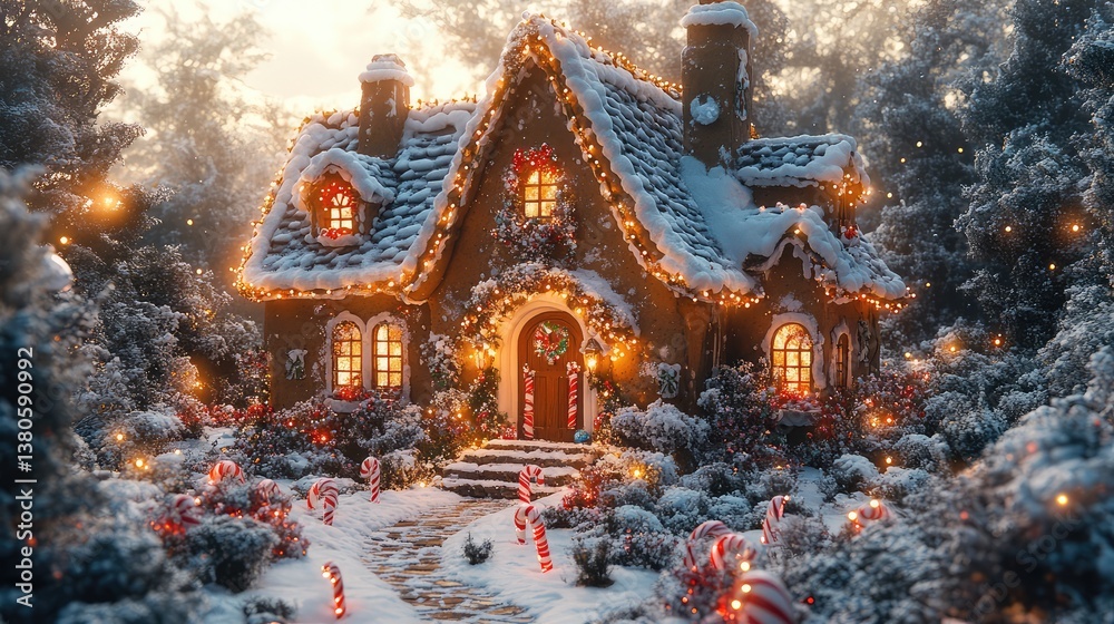 Fototapeta premium A gingerbread-style house surrounded by snow, decorated with candy canes, lights, and holiday ornaments
