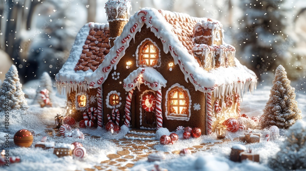 A gingerbread-style house surrounded by snow, decorated with candy canes, lights, and holiday ornaments A gingerbread-style house surrounded by snow, decorated with candy canes, lights, and holiday ornaments