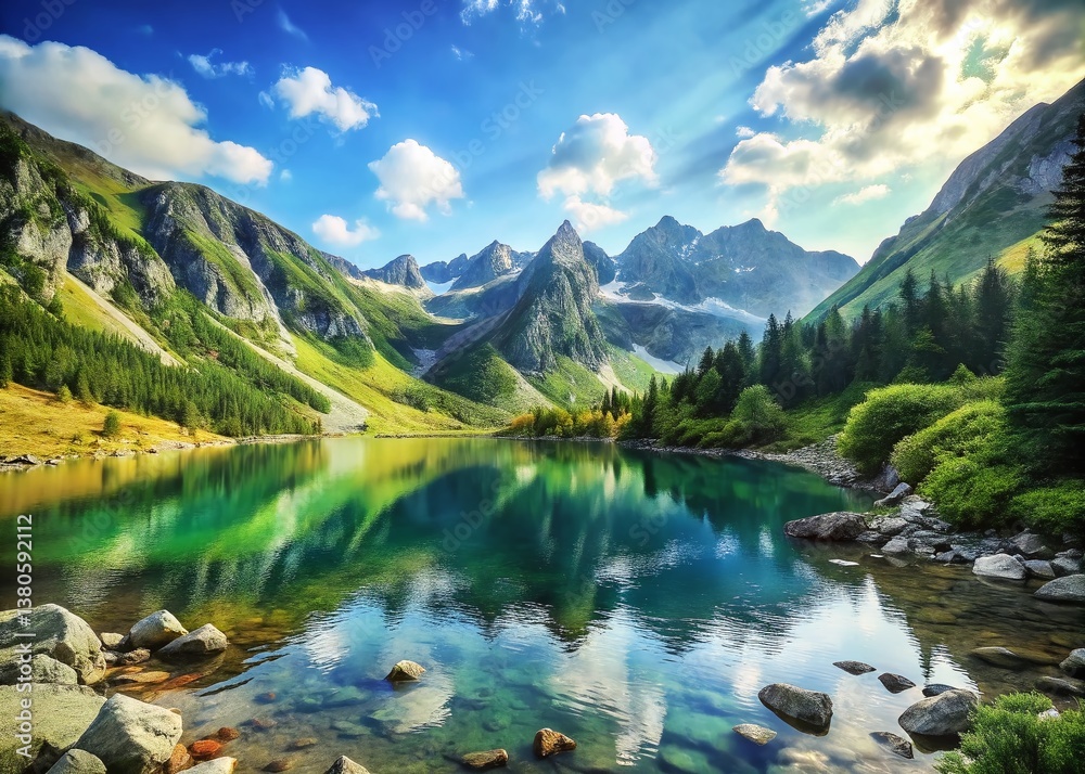 Naklejka premium Stunning Kameniste Oko Lake, Western Tatras, Slovakia: Summer Mountain Landscape