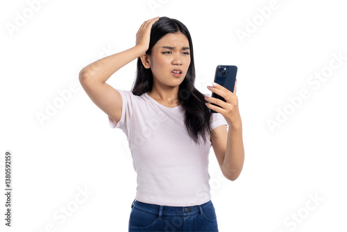 Young Asian woman feeling frustrated and confused while looking at her smartphone, isolated on transparent background