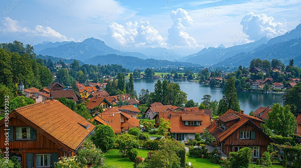 Fototapeta premium Picturesque Lakeside Village nestled in the Swiss Alps