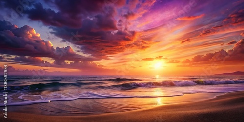 Stunning Sunset Beach Landscape, Golden Hour Ocean Scene, Coastal Photography