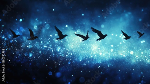 Silhouetted birds flying in a V formation against a dark