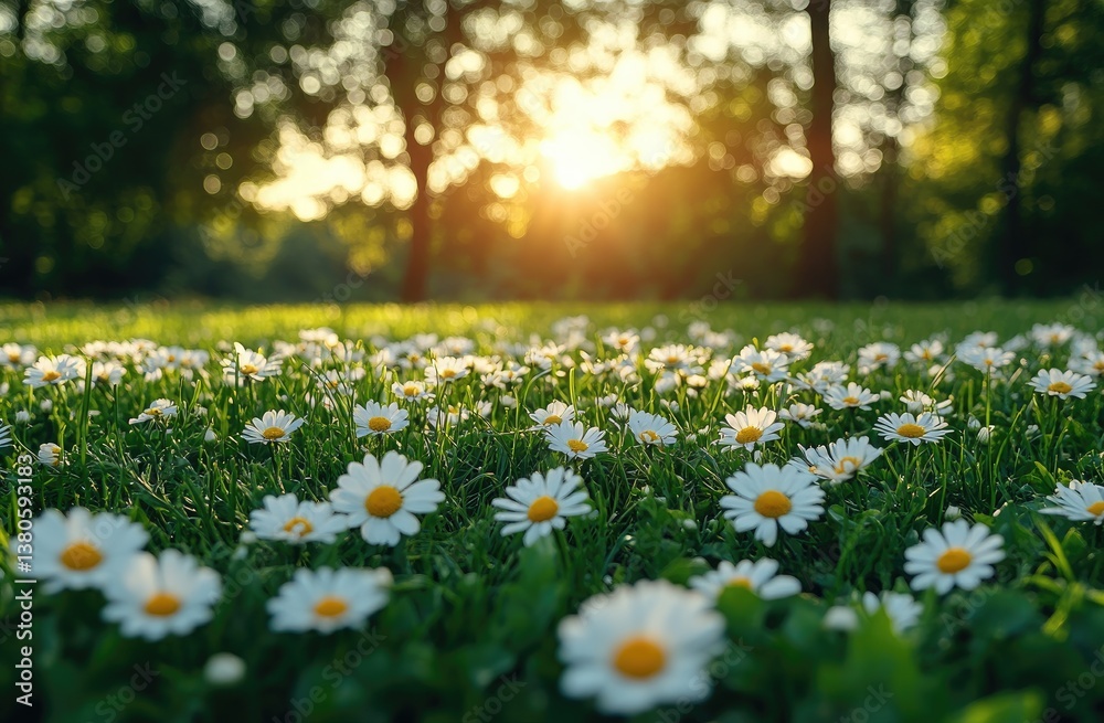 Fototapeta premium White Daisies in Green Field at Sunset