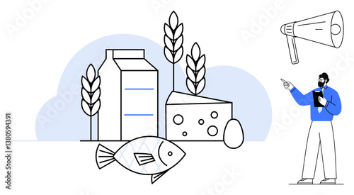 Milk carton, cheese, egg, fish, wheat stalks, and a presenter with megaphone promote food production awareness. Ideal for sustainability, agriculture, nutrition eco-friendly habits education