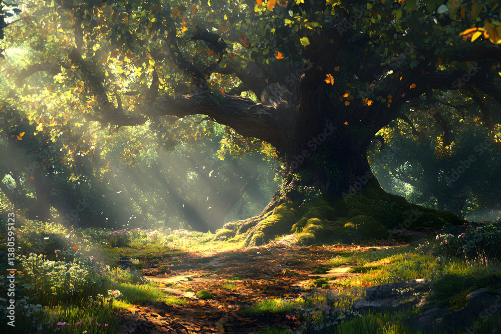 Ancient Oak's Dominance in Forested Serenity: A Timeless Natural Landscape Ancient Oak's Dominance in Forested Serenity: A Timeless Natural Landscape