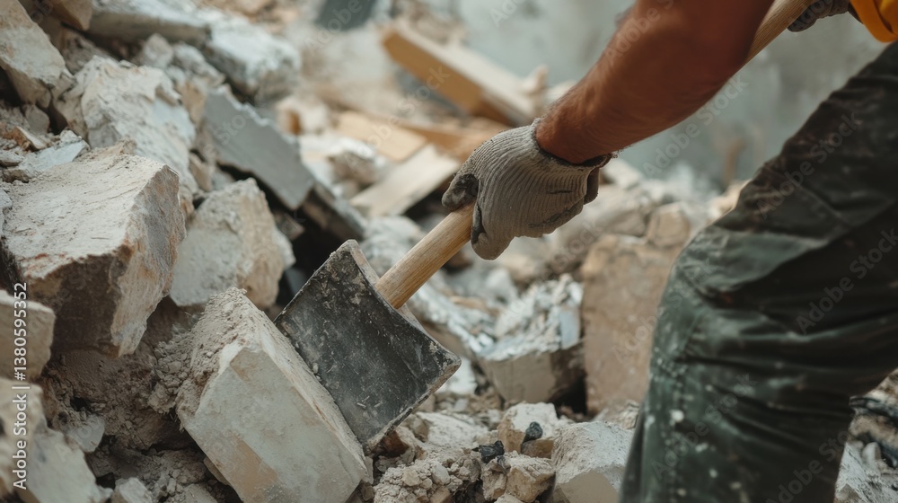 A construction worker using a crowbar to remove debris from a site. Featuring strength and attention to safety A construction worker using a crowbar to remove debris from a site. Featuring strength and attention to safety