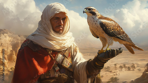 Falconer in traditional attire holding a hawk on a glove