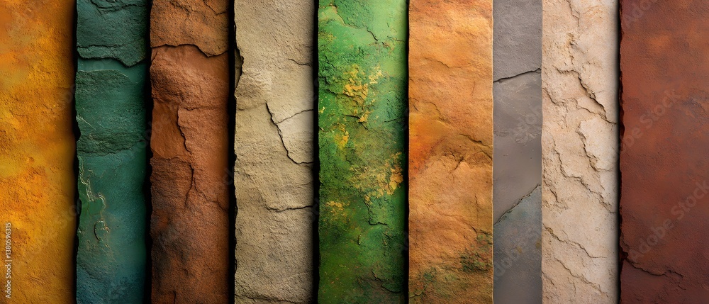 An assortment of textured vertical panels in varying colors and rough stone like appearances in a row An assortment of textured vertical panels in varying colors and rough stone like appearances in a row