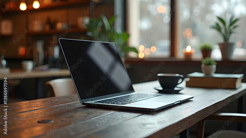 A modern workspace featuring a laptop and coffee cup, surrounded by greenery and warm lighting.