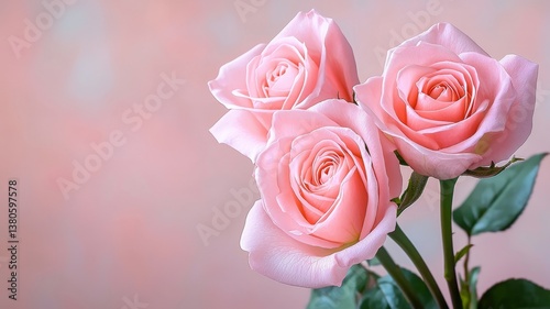 Three Pink Roses Bouquet  Closeup  Soft Light  Floral Background