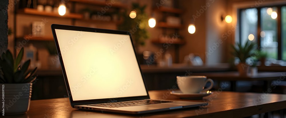 Cozy workspace with a laptop, cup of coffee, and plants in a warmly lit café.