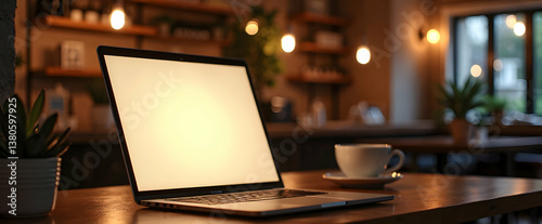 Obraz na płótnie Cozy workspace with a laptop, cup of coffee, and plants in a warmly lit café. w salonie