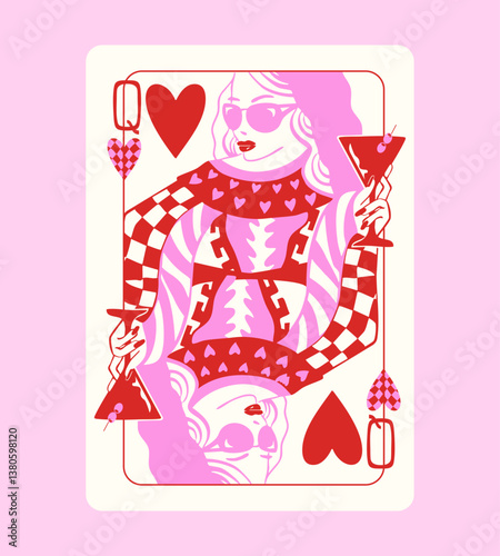 Queen of Hearts card, Whimsical Pink Pocker Queen of Hearts pocker playing card vector illustration for T-shirts, stationery and web icons photo