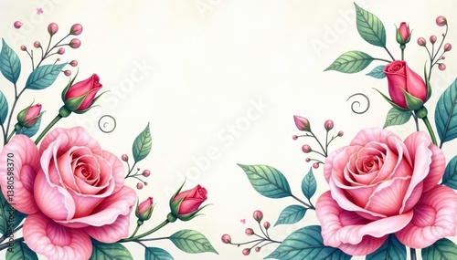 Delicate watercolor roses & buds, swirling vines , romantic, floral